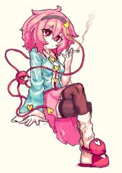  1girl between_fingers black_hairband blue_shirt breasts brown_thighhighs buttons cigarette commentary crossed_legs eyeball frilled_shirt_collar frills full_body hair_ornament hairband heart heart-shaped_pupils heart_button heart_hair_ornament highres holding komeiji_satori korean_commentary looking_at_viewer medium_breasts medium_hair pink_eyes pink_hair pink_skirt pink_slippers rampa93 ribbon-trimmed_collar ribbon_trim shirt simple_background sitting skirt slippers smoking socks symbol-shaped_pupils thigh-highs third_eye touhou white_socks yellow_background 