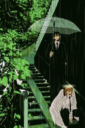  2boys angel_devil_(chainsaw_man) angel_wings arms_between_legs black_hair black_jacket black_necktie black_pants chainsaw_man commentary glowing glowing_halo hair_between_eyes halo hand_in_pocket hayakawa_aki highres jacket kumanooppo long_hair long_sleeves male_focus multiple_boys necktie on_stairs outdoors pants plant ponytail railing rain red_eyes red_hair shirt short_hair short_ponytail sitting sitting_on_stairs stairs standing sword sword_on_back transparent transparent_umbrella umbrella weapon weapon_on_back white_shirt white_wings wings 