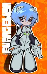  1girl abstract_background absurdres arms_at_sides ayanami_rei blue_hair bodysuit clenched_hand full_body hair_between_eyes hedprotag highres interface_headset_(evangelion) looking_at_viewer mecha_pilot_suit neon_genesis_evangelion orange_background outline plugsuit_(evangelion) red_eyes short_hair solo thick_outlines vertical_text white_bodysuit white_outline 