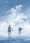  2boys absurdres amputee blue_sky capelet chitudeyiling clouds cloudy_sky erwin_smith floating_clothes green_capelet highres holding holding_sword holding_weapon levi_(shingeki_no_kyojin) male_focus multiple_boys ocean painterly pants paradis_military_uniform perspective shingeki_no_kyojin short_hair sky survey_corps_(emblem) sword wading weapon wind 