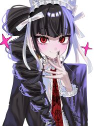  1girl alternate_hairstyle black_hair black_jacket black_nails blush celestia_ludenberg center_frills closed_mouth commentary_request danganronpa:_trigger_happy_havoc danganronpa_(series) drill_hair frills hand_up headdress highres jacket long_sleeves nail_polish necktie open_clothes open_jacket print_necktie red_eyes red_necktie shirt single_drill smile tarutaru428 white_shirt 