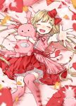  1girl blonde_hair blush bow closed_eyes commentary_request confetti dress feet_out_of_frame from_above futaba_anzu hair_bow heart highres holding holding_stuffed_toy idolmaster idolmaster_cinderella_girls long_hair low_twintails lying neck_ribbon on_back open_mouth pink_dress pink_thighhighs reaching reaching_towards_viewer red_bow red_dress red_ribbon ribbon sks_(s3_rosquilla) solo stuffed_animal stuffed_rabbit stuffed_toy thigh-highs twintails two-tone_dress very_long_hair wrist_cuffs 