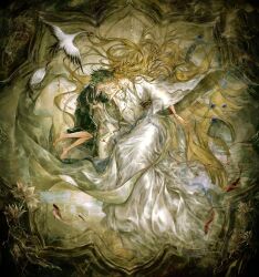  1boy 1girl absurdres aglaea_(honkai:_star_rail) anaxa_(honkai:_star_rail) barefoot bell bird black_hanfu blonde_hair chinese_clothes chinese_commentary commentary_request crane_(animal) feathers fish flower green_hair hanfu hetero highres honkai:_star_rail honkai_(series) jade_(gemstone) long_hair lotus partially_submerged reaching reaching_towards_another scroll string string_of_fate very_long_hair very_long_robe white_hanfu zhai-lin 