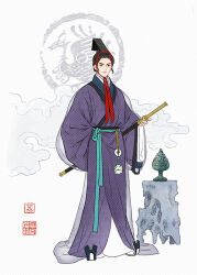  1boy black_eyes black_hair chinese_clothes chinese_commentary closed_mouth clouds commentary_request full_body hanfu hat highres holding holding_weapon incense_burner lizhi_xiaochaorou long_sleeves looking_at_viewer male_focus original red_hair robe rockery sheath sleeves_past_wrists solo standing sword weapon white_background wide_sleeves xiao_guan_(headdress) yaopei zhijupao 