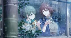  2girls against_glass aketa_mikoto belt blurry blurry_foreground bracelet brown_hair condensation from_outside glass_writing green_hair hair_between_eyes hair_ornament hairclip hand_on_glass high-waist_skirt highres hood hoodie idolmaster idolmaster_shiny_colors indoors jewelry looking_outside medium_hair multiple_girls nanakusa_nichika official_art open_mouth parted_bangs rain red_nails reflection short_hair signature skirt smile sweater tree turtleneck turtleneck_sweater window window_fog writing 