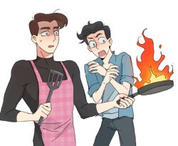  2boys anthony_stellar apron black_hair black_pants black_shirt blue_eyes blue_shirt brown_eyes brown_hair constricted_pupils cooking elijah_douchnov fire frying_pan holding holding_frying_pan male_focus multiple_boys my_student_spirit open_mouth pants pink_apron shaded_face shirt short_hair simple_background sleeves_rolled_up spatula surprised sweatdrop white_background yy20251111 