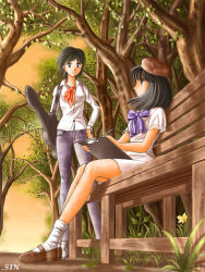  2girls artist_name bad_id bench beret black_eyes black_hair blue_pants bow bowtie brown_hat brown_shoes collared_shirt denim drawing_(action) from_below guitar_case hand_on_own_hip hat holding holding_instrument_case holding_notepad holding_pen instrument_case jeans long_sleeves looking_at_another medium_hair miniskirt multiple_girls neckerchief notepad open_mouth orange_neckerchief original outdoors pants park park_bench pen purple_bow purple_bowtie shirt shoes short_hair short_sleeves sin_(man-sai-den) sitting sketching skirt smile socks standing tree white_shirt white_skirt white_socks wooden_bench 