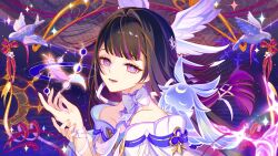  1girl absurdres arm_ribbon bare_shoulders bird black_hair blush bow columbina_(genshin_impact) commentary dress english_commentary feathers floating_hair genshin_impact gradient_hair hair_intakes hair_ribbon head_wings highres long_hair looking_at_viewer luonnotar_(genshin_impact) moon_phases multicolored_hair okawaoshio open_mouth purple_hair purple_streaks ribbon smile solo unusually_open_eyes upper_body violet_eyes white_bird white_bow white_dress white_wings wings 