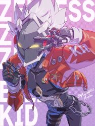  1boy aalto1031 belt billy_kid black_pants chain character_name clothed_robot commentary_request copyright_name cowboy_shot highres humanoid_robot jacket leaning_forward looking_at_viewer male_focus pants purple_background red_jacket robot robot_boy sheriff_badge solo spiky_hair studded_belt twitter_username v v_over_eye white_hair yellow_eyes zenless_zone_zero 