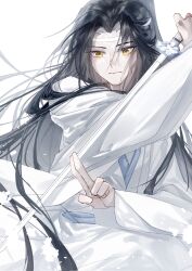  1boy aged_down bichen_sword black_hair blue_sash chinese_clothes closed_mouth eyelashes fighting_stance flower hand_up hanfu headband highres holding holding_sword holding_weapon jian_(weapon) kuji-in lan_wangji light_particles liuche79871650 long_hair long_sleeves looking_at_viewer male_focus modao_zushi ponytail robe sash simple_background solo sword upper_body very_long_hair weapon white_background white_flower white_hanfu white_headband wide_sleeves yellow_eyes 