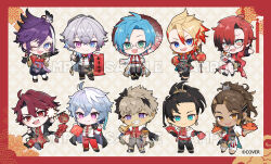  6+boys aqua_eyes axel_syrios banzoin_hakka bespectacled black_hair black_pants blonde_hair blue_eyes blue_hair border braid brown_hair calligraphy_brush calligraphy_scroll chibi chibi_only chinese_clothes copyright_notice crimzon_ruze dark-skinned_male dark_skin doufang ear_piercing earrings eating everyone fai_chun feather_hair_ornament feathers firecrackers fireworks food fruit gavis_bettel glasses goldbullet good_fortune_symbol green_eyes hair_ornament hand_fan heterochromia highres holding holding_calligraphy_brush holding_fan holding_fireworks holding_lantern holding_paintbrush holding_scroll holding_tray holding_umbrella holoarmis holostars holostars_english holotempus hongbao jewelry josuiji_shinri jurard_t_rexford kurogareki lantern long_hair machina_x_flayon male_focus medium_hair multicolored_hair multiple_boys multiple_braids octavio official_art orange_(fruit) orange_eyes paintbrush pants paper_lantern parasol piercing pink_eyes pink_hair ponytail purple_hair red_border red_eyes red_hair red_pants red_streaks regis_altare sample_watermark scroll sharp_teeth shippou_(pattern) short_hair shorts side_braid single_braid single_hair_streak sparkler streaked_hair tassel teeth tray tri_braids two-tone_hair umbrella violet_eyes virtual_youtuber watermark white_hair 