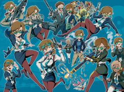 2boys 2girls ammunition_belt baneposting_(meme) batman_(series) ben-day_dots black_pantyhose blue_background blue_jacket blue_necktie blue_skirt brown_hair browning_m1919 central_intelligence_agency cia_(the_dark_knight_rises) cia_(the_dark_knight_rises)_(cosplay) cia_heart_attack_gun cia_peace_corps cigarette coat commentary copyright_name cosplay dark-skinned_female dark_skin dc_comics dr._strangelove drugs english_commentary english_text firing glasses green_coat green_hair green_jacket green_skirt gun h&amp;k_mp5k handgun highres holding holding_gun holding_weapon jacket kalashnikov_rifle lsd lynette_duvalier m1911 meme military_uniform mp5k multiple_boys multiple_girls multiple_views naomi_bluebird necktie nico_jiang pantyhose pencil_skirt pump_action revolver screentones shirt shotgun skirt smoking snubnosed_revolver spas-12 submachine_gun suppressor the_dark_knight_rises the_man_from_u.n.c.l.e. thigh-highs walther_p38 we_love_cold_war weapon weapon_request white_shirt