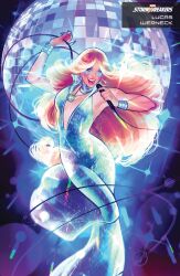  1970s_fashion 1girl absurdres artist_name bell-bottoms blonde_hair blue_background blue_eyes blue_facepaint cable comic_cover company_name cover cover_page dazzler disco disco_ball earrings english_text facepaint fingernails highres holding holding_microphone hoop_earrings jewelry jumpsuit long_fingernails long_hair looking_at_viewer lukas_werneck marvel microphone necklace official_art open_mouth pants plunging_neckline silver_earrings solo sparkle western_comics_(style) white_jumpsuit white_nails x-men 