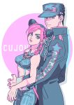  1boy 1girl absurdres arm_tattoo black_hair braid breasts chain commentary_request double_bun earrings father_and_daughter hair_bun hat highres jewelry jojo_no_kimyou_na_bouken kujo_jolyne kujo_jotaro limited_palette long_coat medium_breasts midriff multicolored_hair pink_hair single_braid stone_ocean stud_earrings tattoo two-tone_hair yonchi 