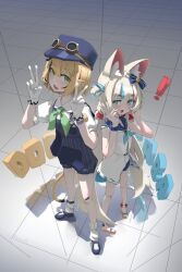  ! ahoge animal_ear_fluff animal_ears bieru01 blonde_hair blue_eyes blue_overalls blue_streaks cat_ears commentary dooby dooby_(1st_costume) double_v dress fins fish_girl fish_tail gloves goggles green_eyes hat highres indie_virtual_youtuber lifebuoy_hair_ornament long_hair low_twintails multicolored_hair multiple_girls open_mouth overalls sameko_saba sameko_saba_(1st_costume) shirt short_hair streaked_hair tail twintails untranslatable_commentary v very_long_hair virtual_youtuber white_dress white_gloves white_shirt 