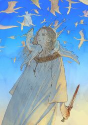  1girl absurdres ajitsuke_nori animal_on_shoulder blonde_hair blood blood_on_cheek blood_on_knife blue_sky commentary_request dagger dragon flying gold_trim green_eyes highres holding holding_dagger holding_knife holding_weapon jewelry knife long_hair long_sleeves looking_up necklace original robe sky solo tooth_necklace upper_body weapon white_robe 