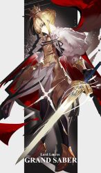  1girl absurdres armor artoria_pendragon_(fate) black_pantyhose blonde_hair breastplate cape crown excalibur_(fate/stay_night) fate/grand_order fate_(series) feijiu fur_trim green_eyes high_heels highres looking_at_viewer lord_logres_(fate) lord_logres_(first_ascension)_(fate) pantyhose red_cape short_hair solo sword weapon 