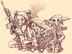  3girls ? alternate_costume ammunition apron braid cigarette commentary eyeball fingerless_gloves fujiwara_no_mokou gloves gun hat hat_ribbon highres holding holding_gun holding_weapon kirisame_marisa komeiji_koishi korean_commentary long_hair long_sleeves monochrome multiple_girls ofuda ofuda_on_clothes pants rampa93 ribbon rifle scope side_braid single_braid sitting skirt smoking sweatdrop third_eye touhou waist_apron weapon witch_hat yellow_theme 