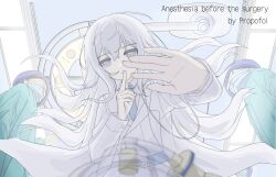  1girl 2others absurdres belt belt_buckle blue_belt blue_necktie buckle ceiling ceiling_light closed_mouth coat commentary doctor double-parted_bangs english_commentary english_text finger_to_mouth from_below grey_eyes hair_between_eyes highres indoors lab_coat lapels leaning_forward long_hair long_sidelocks long_sleeves looking_at_viewer looking_down low_side_ponytail mask medical_scrubs mouth_mask multiple_others necktie notched_lapels open_clothes open_coat open_hand original oxygen_mask personification phonetik pov propofol_(phonetik) reaching reaching_towards_viewer shirt shushing sidelocks simple_background smile solo_focus surgeon surgical_cap surgical_light surgical_mask very_long_hair vest white_background white_coat white_hair white_shirt white_vest wing_collar 