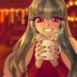  1girl :d alternate_eye_color alternate_skin_color blanket blue_hair blurry blurry_background commentary cup english_commentary eyelashes grey_hair grin hair_over_shoulder hands_up holding holding_cup indoors long_hair long_sleeves looking_at_viewer multicolored_hair my_little_pony my_little_pony:_equestria_girls my_little_pony:_friendship_is_magic nail_polish orange_nails raised_eyebrows red_background red_eyes red_shirt redrawn riley_av shirt sidelocks simple_background smile solo sonata_dusk sonata_dusk_(human) steam straight-on streaked_hair thick_eyelashes two-tone_hair under_covers upper_body v-bangs very_long_hair 