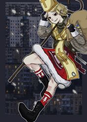  1girl bag bags_under_eyes black_gloves blonde_hair brown_eyes camouflage camouflage_jacket christmas clothing_request collarbone crop_top digital_camouflage dress fingerless_gloves full_body fur-trimmed_dress fur_trim gloves green_tank_top grin hat holding holding_bag jacket limestone_(artist) marichka non-web_source original russo-ukrainian_war santa_costume santa_dress santa_hat sharp_teeth short_hair smile solo sticker tank_top teeth tryzub ukrainian_flag 