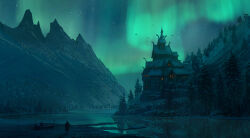  1boy absurdres assassin's_creed:_valhalla assassin's_creed_(series) aurora boat building commentary english_commentary from_behind highres lake landscape mountain night norse painterly pine_tree raphael-lacoste reflection reflective_liquid scenery sky snow star_(sky) starry_sky tree water watercraft winter 