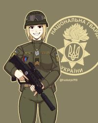  1girl alternate_costume assault_rifle blonde_hair callsign character_name dog_tags fangs frankotyk1918 goggles grin gun helmet highres holding holding_gun holding_weapon light_blush looking_at_viewer malyuk marichka military military_combat_uniform military_uniform national_guard_of_ukraine nazi original rifle russo-ukrainian_war short_hair simple_background smile soldier solo submachine_gun totenkopf trigger_discipline tryzub ukraine ukrainian_flag war weapon 