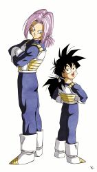  2boys armor black_eyes black_hair blue_bodysuit blue_eyes bodysuit boots commentary_request dragon_ball dragon_ball_z full_body highres kakeru_(dbskakeru) looking_at_another medium_hair multiple_boys purple_hair short_hair simple_background son_gohan trunks_(dragon_ball) trunks_(future)_(dragon_ball) white_armor white_background white_boots 