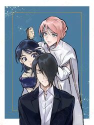  1boy 2girls black_hair black_jacket blue_background blue_dress border boruto:_naruto_next_generations cape closed_eyes closed_mouth collared_shirt dress earrings elbow_gloves facial_mark family father_and_daughter forehead_mark gloves green_eyes grey_eyes hair_between_eyes hair_over_one_eye hand_in_another's_hair holding holding_brush husband_and_wife jacket jewelry light_blush long_hair mother_and_daughter multiple_girls naruto_(series) off-shoulder_dress off_shoulder open_mouth parted_lips pink_hair sayaendou0426 shirt short_hair smile suit_jacket uchiha_sarada uchiha_sasuke updo upper_body white_border white_cape white_dress white_gloves white_shirt 