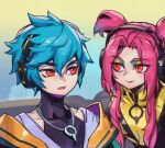 1boy 1girl character_request covered_collarbone green_hair headphones heartsteel_aphelios jacket jewelry league_of_legends long_hair multicolored_background necklace parted_bangs phantom_ix_row pink_hair portrait red_eyes short_hair yellow_jacket 
