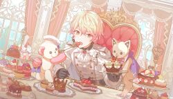  1boy :o ascot berry black_gloves blonde_hair blueberry buttons cake candy_heart checkerboard_cookie chef_hat cherry chocolate chocolate_cake colorful_palette cookie cream cream-shaped_tail crown-shaped_food cupcake curtains dot_nose double-breasted earrings flower food fork fruit funsai_seyo!_unvalentine_no_fukushuu_(project_sekai) game_cg gem gloves gold_trim gradient_hair hat heart heart-shaped_gem heart_earrings highres imminent_eating jewelry lace-trimmed_ascot looking_to_the_side macaron male_focus multicolored_hair official_alternate_costume official_alternate_hairstyle official_art orange_eyes pink_flower plate project_sekai raspberry red_gem red_hair ribbon_earrings silver_trim sitting sitting_on_throne solo star-shaped_food star_(symbol) strawberry stuffed_animal stuffed_cat stuffed_toy table teddy_bear tenma_tsukasa third-party_source throne tiered_tray two-tone_hair white_ascot window 