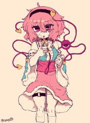  1girl bare_shoulders black_hairband cigarette commentary_request detached_sleeves fire hair_between_eyes hairband highres holding holding_lighter komeiji_satori korean_commentary lighter long_sleeves looking_at_viewer pink_eyes pink_hair rampa93 short_hair simple_background solo third_eye touhou twitter_username wide_sleeves 