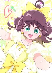  ahoge bow bowtie brown_hair commentary_request dress dress_bow dutch_angle earrings green_eyes hair_bow heart highres jewelry kimi_to_idol_precure medium_hair mini_koala open_mouth ponytail precure reaching reaching_towards_viewer short_sleeves smile utako_(precure) yellow_bow yellow_bowtie yellow_dress yellow_theme 
