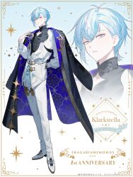  1boy above-cleavage_cutout aiguillette alternate_costume anniversary antenna_hair arm_behind_back belt black_coat black_shirt blue_background blue_coat blue_hair character_name closed_mouth clothing_cutout coat coat_on_shoulders collarbone commentary_request contrast_lapels copyright_name copyright_notice dress_shirt dress_shoes expressionless fragaria_memories full_body gold_trim gradient_background hair_behind_ear hair_between_eyes hand_up highres jacket jewelry klarkstella_(fragaria_memories) lapel_pin lapels long_sleeves looking_at_viewer male_focus mandarin_collar multicolored_hair official_art pants patterned_clothing pink_hair pink_streaks shirt shoes short_hair side_part sideways_glance solo sparkle standing star_(symbol) streaked_hair tassel thighlet two-sided_coat two-sided_fabric ugonba_(howatoro) violet_eyes white_background white_belt white_jacket white_pants white_shoes zoom_layer 