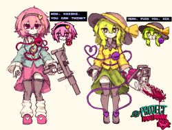  2girls black_hairband black_hat black_thighhighs blood blue_shirt chainsaw commentary english_text green_hair green_skirt gun hairband hat hat_ribbon heart heart-shaped_pupils heart_of_string highres holding holding_chainsaw holding_gun holding_weapon hotline_miami komeiji_koishi komeiji_satori korean_commentary long_sleeves mac-10/11 medium_hair multiple_girls pink_hair pink_shoes pink_skirt rampa93 red_eyes ribbon shirt shoes short_hair siblings simple_background sisters skirt submachine_gun suppressor symbol-shaped_pupils thigh-highs third_eye touhou weapon yellow_ribbon yellow_shirt 