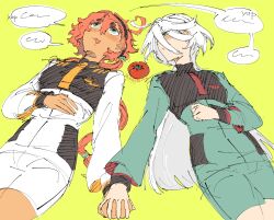  2girls asticassia_school_uniform black_hairband blue_eyes blush closed_mouth green_background green_jacket green_shorts grey_eyes gundam gundam_suisei_no_majo hairband highres holding_hands interlocked_fingers jacket long_hair miorine_rembran multiple_girls open_mouth red_hair rynyurika school_uniform shorts simple_background speech_bubble suletta_mercury thick_eyebrows tomato white_hair white_jacket white_shorts yuri 