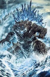  1other claws dorsal_fin giant giant_monster glowing glowing_eyes glowing_mouth glowing_spines godzilla godzilla_(series) highres kaiju monster monster_focus solo steam_from_mouth subbaru water 