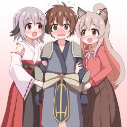  1girl 2boys :d @_@ ahoge animal_ear_fluff animal_ears black_gloves blush boy_and_girl_sandwich bracer brown_eyes brown_hair brown_skirt cat_ears colored_inner_hair commentary crossdressing crossdressing_(mtf) detached_sleeves double_arm_hug flustered flying_sweatdrops gloves gradient_background grey_hair hair_between_eyes highres jacket long_hair long_sleeves looking_at_another looking_at_viewer multicolored_hair multiple_boys neck_ribbon nontraditional_miko nose_blush onii-chan_wa_oshimai! open_mouth oyama_mahiro pink_background pink_hair pink_ribbon pleated_skirt red_eyes red_jacket ribbon ribbon-trimmed_sleeves ribbon_trim sakurada_yuuta sakuzo sandwiched senkawa_minato simple_background skirt smile trap two-tone_hair very_long_hair wavy_mouth wide_sleeves wing_collar 
