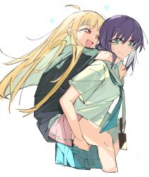 2girls :d ahoge black_shirt blonde_hair blue_skirt bracelet carrying cho_kaguya-hime! cropped_legs green_eyes hashtag-only_commentary highres jewelry kaguya_(cho_kaguya-hime!) long_hair looking_at_another lyjun2002 multiple_girls open_mouth piggyback pink_shorts purple_hair sailor_collar sakayori_iroha school_uniform serafuku shirt short_hair short_sleeves shorts simple_background sitting skirt smile standing white_background white_shirt 