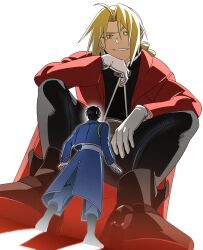  2boys absurdres ahoge belt black_boots black_hair black_jacket black_pants black_shirt blonde_hair blue_coat blue_pants boots braid brown_belt coat commentary_request edward_elric full_body fullmetal_alchemist giant gloves highres jacket korean_commentary long_coat long_hair looking_at_another male_focus military_jacket military_uniform multiple_boys okbdko123 orange_eyes pants parted_bangs parted_lips red_coat roy_mustang shirt short_hair single_braid size_difference smile squatting sweatdrop teeth white_background white_gloves 