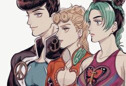  1girl 2boys anchor_ornament black_hair blonde_hair braid braided_ponytail commentary diamond_wa_kudakenai double_bun earrings giorno_giovanna hair_bun higashikata_josuke jewelry jojo_no_kimyou_na_bouken kujo_jolyne masakenme multicolored_hair multiple_boys peace_symbol pompadour stone_ocean stud_earrings two-tone_hair vento_aureo white_background 