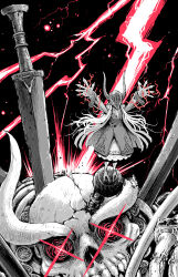  1girl arms_up black_background dress fake_horns fingernails full_body glint heisy_ss helmet highres horned_helmet horns huge_weapon jewelry lightning_bolt_symbol long_hair long_sleeves monochrome monster_girl object_through_head original ring screw_in_head sharp_fingernails simple_background skull solo standing very_long_fingernails weapon 