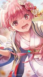  1girl ahoge blunt_bangs blurry blurry_background blush commentary copyright_logo copyright_notice cowboy_shot day downturned_eyes dutch_angle english_commentary eyelashes eyes_visible_through_hair floating_clothes floral_print floral_print_kimono flower glint hair_flower hair_ornament hand_up heaven_burns_red highres japanese_clothes kanzashi kimono layered_kimono logo long_sleeves looking_at_viewer official_alternate_costume official_art official_wallpaper ooshima_minori ooshima_minori_(soigne_maiden) open_clothes open_kimono open_mouth outdoors pink_eyes pink_flower pink_hair pink_kimono pink_sash print_kimono sash short_hair sidelighting solo sweatdrop tassel white_flower white_kimono wide_sleeves 