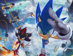  2boys absurdres black_fur blue_fur earth_(planet) foreshortening furry furry_male gloves green_eyes hedgehog_boy highres lazerpotaters multiple_boys planet red_eyes red_shoes running scenery shadow_the_hedgehog shoes sonic_(series) sonic_adventure_2 sonic_the_hedgehog space space_station white_gloves 