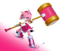  1girl amy_rose bare_shoulders boots closed_mouth dress fezzleoni fighting_stance frown full_body furrowed_brow furry furry_female gloves gold_bangle green_eyes hair_between_eyes hedgehog_girl highres holding holding_mallet looking_at_viewer mallet medium_hair pink_boots pink_dress pink_hair solo sonic_(series) thigh-highs white_gloves white_thighhighs 