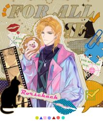  1boy alternate_costume aqua_eyes bandaid bandaid_on_face black_shirt blank_speech_bubble blonde_hair blue_jacket border brown_background cat character_name checkmark chinese_commentary circle collage_(medium) colored_speech_bubble commentary_request contrast_lapels copyright_name crosshair curtained_hair dog_tags earrings english_text film_strip halftone halftone_background highres holding holding_stuffed_toy jacket jewelry lapels lars_rorschach letterboxed lined_paper lipstick_mark long_sleeves looking_at_viewer lovebrush_chronicles male_focus medium_hair multicolored_jacket notice_lines outline paperclip parted_bangs parted_lips pink_jacket shirt smile solo sparkle speech_bubble square star_(symbol) stuffed_animal stuffed_lion stuffed_toy torn_paper triangle turtleneck turtleneck_shirt two-tone_jacket upper_body white_border xuedaixun zoom_layer 