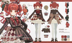  1girl apple arched_bangs asa_going asymmetrical_legwear back_bow black_dress black_shoes blush bow bowtie breasts brown_bow character_name closed_mouth color_guide commentary_request creature crown crownia dress flare_(crownia) food fruit highres huge_bow long_sleeves looking_at_viewer mini_crown mismatched_legwear multiple_views red_bow red_bowtie red_eyes red_hair reference_sheet shoes short_dress short_hair small_breasts striped_bow striped_clothes striped_thighhighs thigh-highs twintails vertical-striped_clothes vertical-striped_thighhighs white_background white_thighhighs 