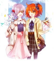  2girls artoria_pendragon_(fate) boru-boru bow character_charm charm_(object) closed_eyes commentary_request cowboy_shot fate/grand_order fate_(series) fou_(fate) fujimaru_ritsuka_(female) hair_bow hair_ornament hair_scrunchie mash_kyrielight multiple_girls one_eye_closed one_side_up open_mouth orange_eyes orange_hair plaid_clothes plaid_skirt purple_hair red-framed_eyewear red_bow saber_(fate) scrunchie short_hair skirt smile 