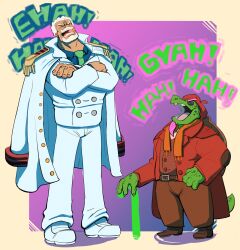  2boys blue_shirt cane claws crossover deltarune facial_hair gerson_boom green_necktie highres laughing monkey_d._garp monster_boy multiple_boys mustache necktie one_piece open_mouth orange_scarf pink_hair scarf shirt tail toastyart1 tongue turtle_boy turtle_shell utdr_(toby_fox) white_beard white_hair 