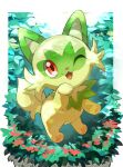  ;3 absurdres animal_focus animal_hands cat gara_(qbeuxvii22) highres leaf no_humans one_eye_closed pawpads pokemon pokemon_(creature) red_eyes solo sprigatito sunlight 